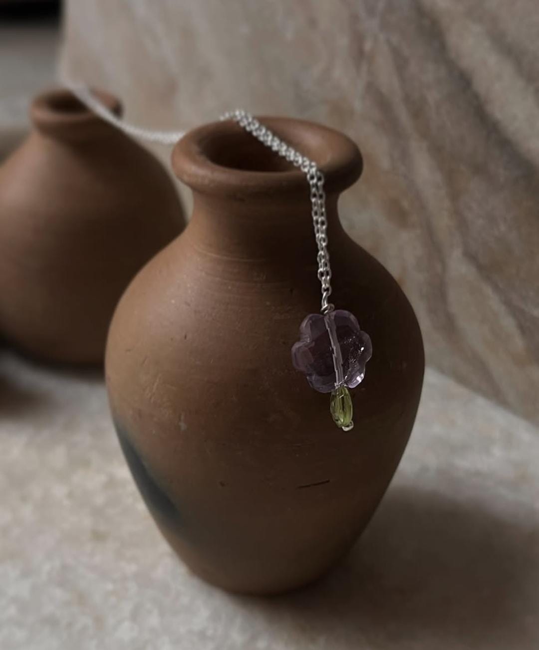 Delicate Amethyst Flower & Peridot Charm 925 Silver Necklace  