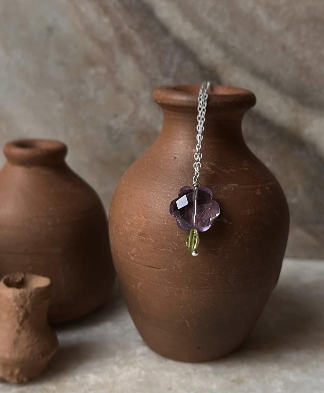 925 Sterling Silver Necklace with Amethyst Flower and Peridot  