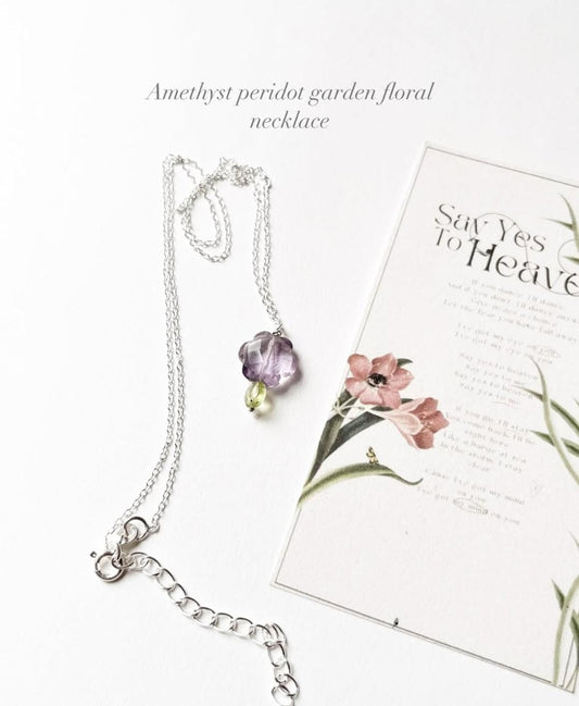 Amethyst Flower and Peridot Charm Silver Necklace  