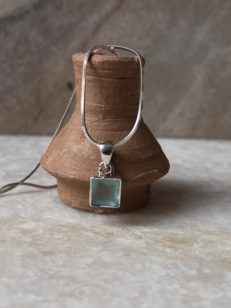 Aqua Chalcedony Square cut 925 Sterling Silver Unisex Pendant
