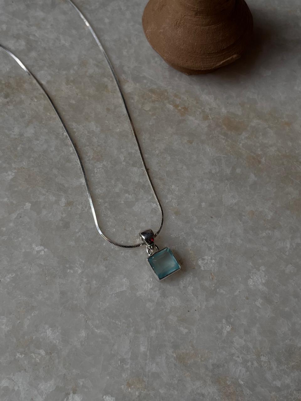 Aqua Chalcedony Square cut 925 Sterling Silver Unisex Pendant
