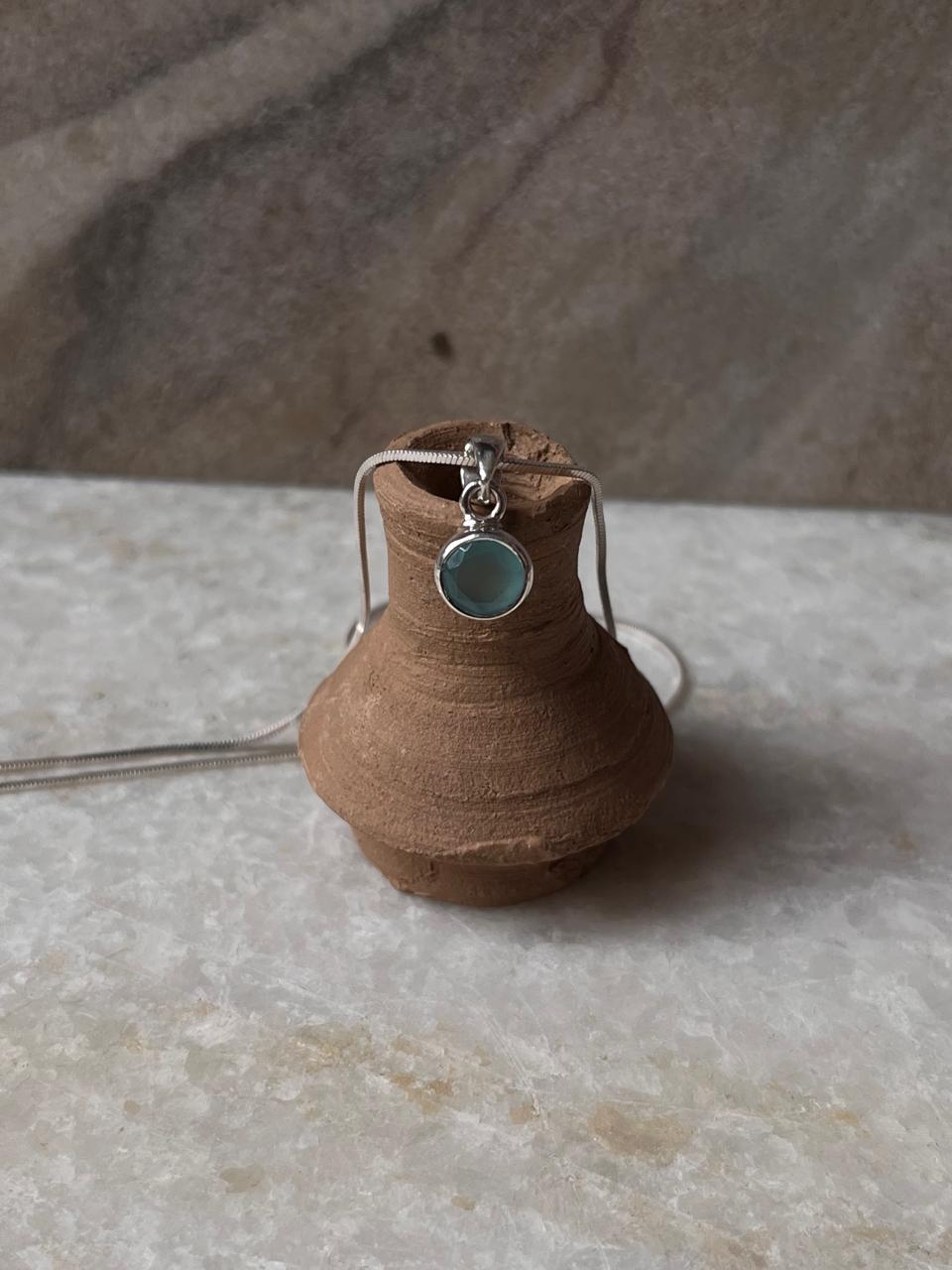 Elegant round aqua chalcedony sterling silver pendant 