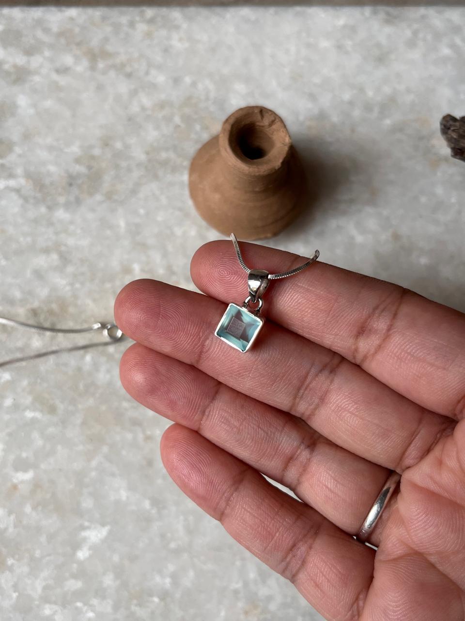 Aqua Chalcedony Square cut 925 Sterling Silver Unisex Pendant