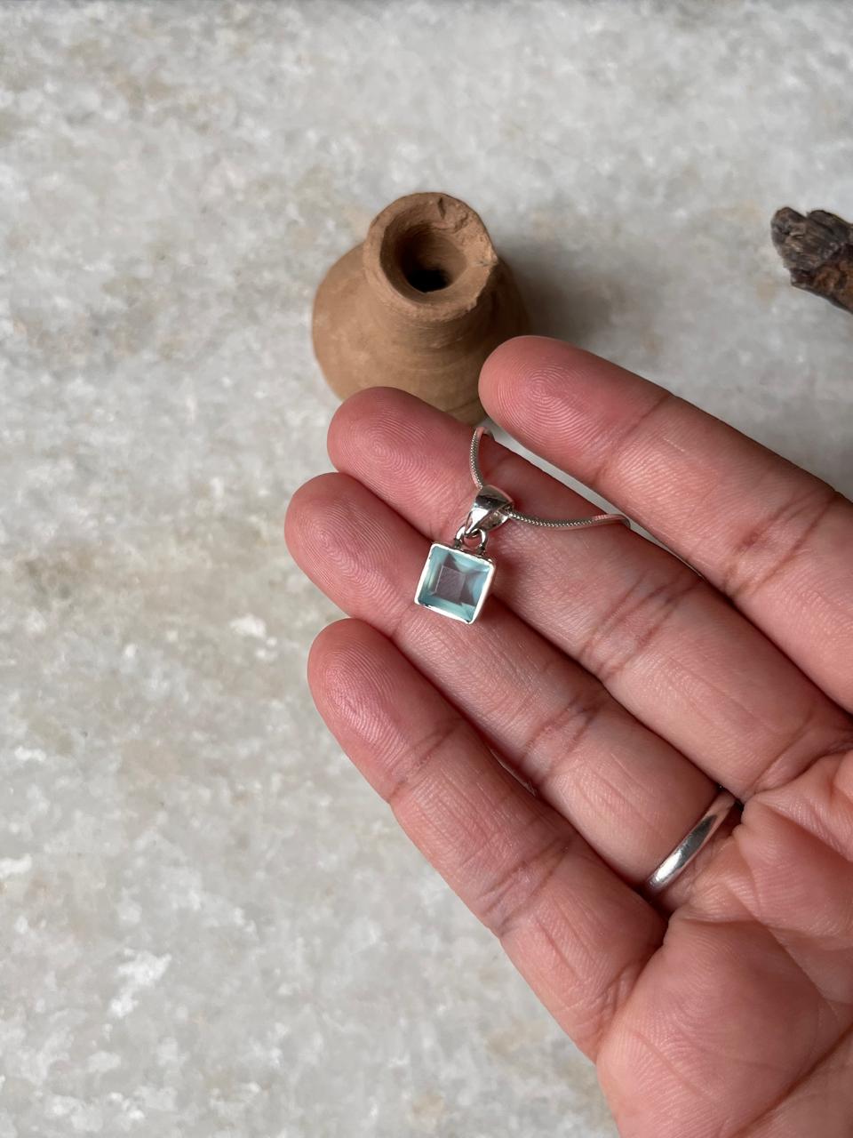 Aqua Chalcedony Square cut 925 Sterling Silver Unisex Pendant