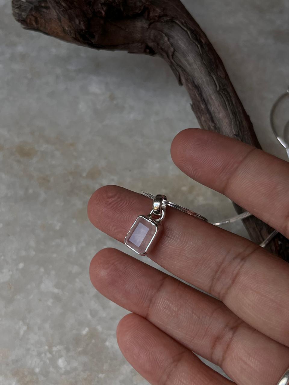 Natural Rose Quartz Rectangle Pendant in Sterling Silver  