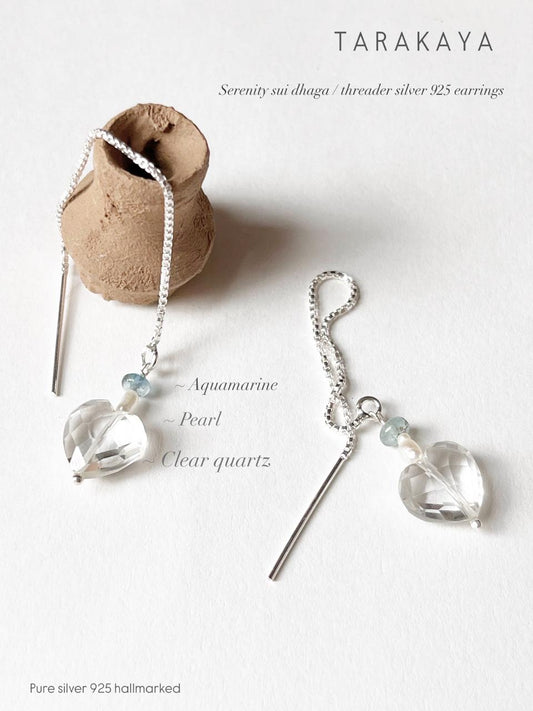 Clear Quartz Heart, Aquamarine Threader/Sui Dhaga 925 Sterling Silver Earrings