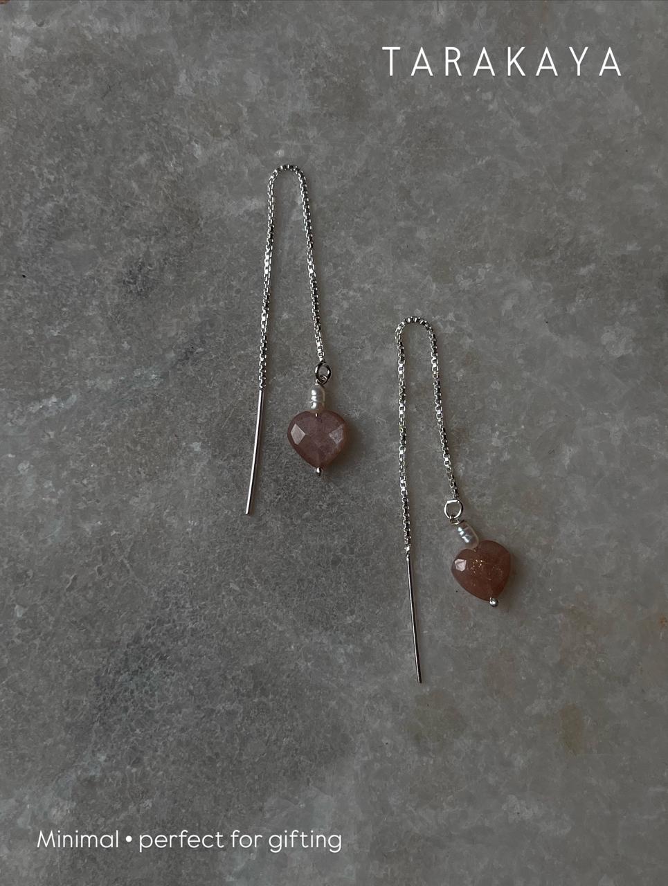 Peach Moonstone Heart Pearl Threader/Sui Dhaga 925 Sterling Silver Earrings