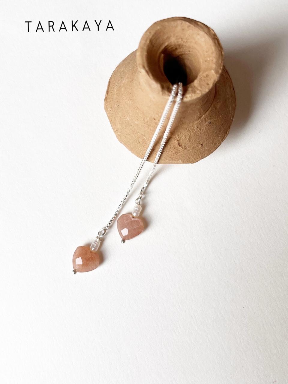 Peach Moonstone Heart Pearl Threader/Sui Dhaga 925 Sterling Silver Earrings