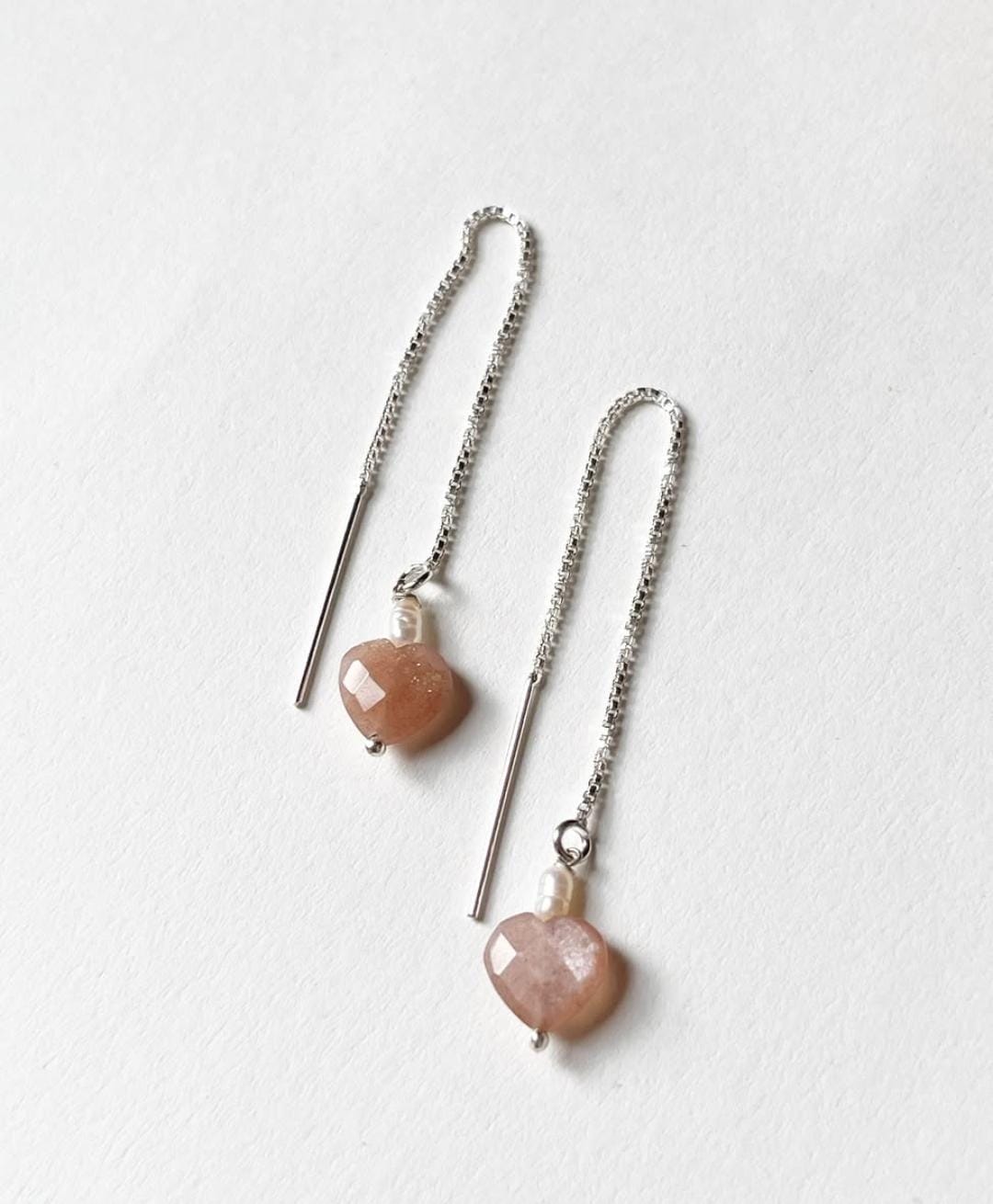 Peach Moonstone Heart Pearl Threader/Sui Dhaga 925 Sterling Silver Earrings
