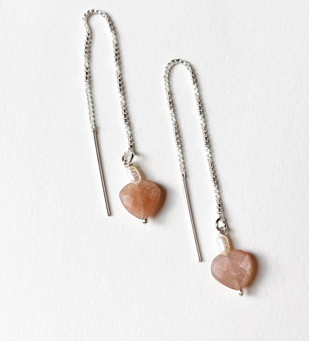 Peach Moonstone Heart Pearl Threader/Sui Dhaga 925 Sterling Silver Earrings