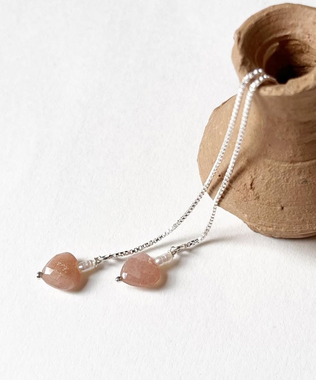 Peach Moonstone Heart Pearl Threader/Sui Dhaga 925 Sterling Silver Earrings