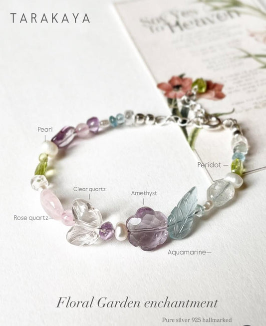 Floral Garden Enchantment- Aquamarine, Peridot, Amethyst, Rose Quartz, Pearl & Clear Quartz Handcrafted 925 Sterling Silver Bracelet