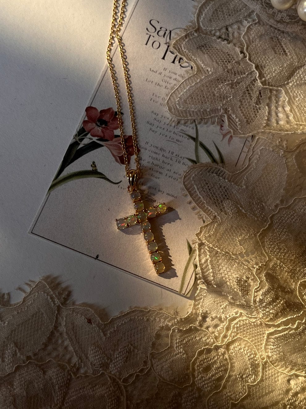 Gold Vermeil Natural Ethiopian Opal Cross 925 Sterling Silver Pendant