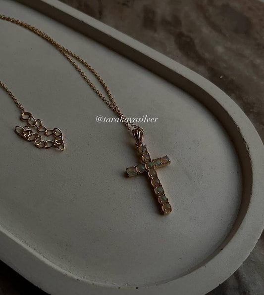 Sterling Silver Pendant with Ethiopian Opal Cross Gold Vermeil Finish