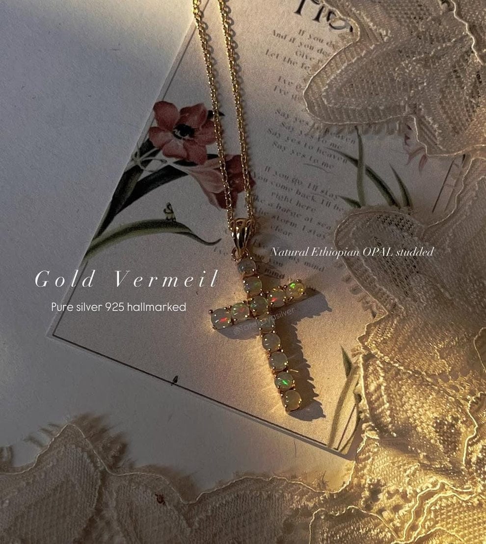 Gold Vermeil Natural Ethiopian Opal Cross 925 Sterling Silver Pendant
