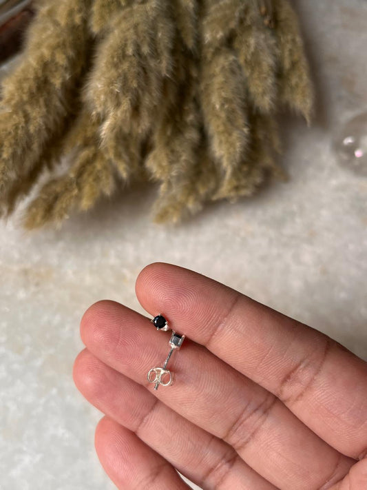 Delicate Black Spinel Round Studs in 925 Sterling Silver