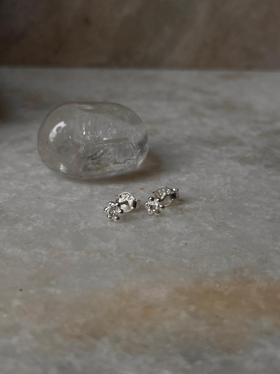 Tiny Floral White Topaz Studs in 925 Silver Setting  