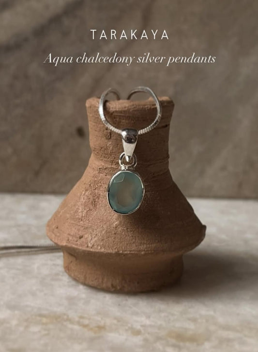 Aqua Chalcedony Oval Cut 925 Sterling Silver Pendant