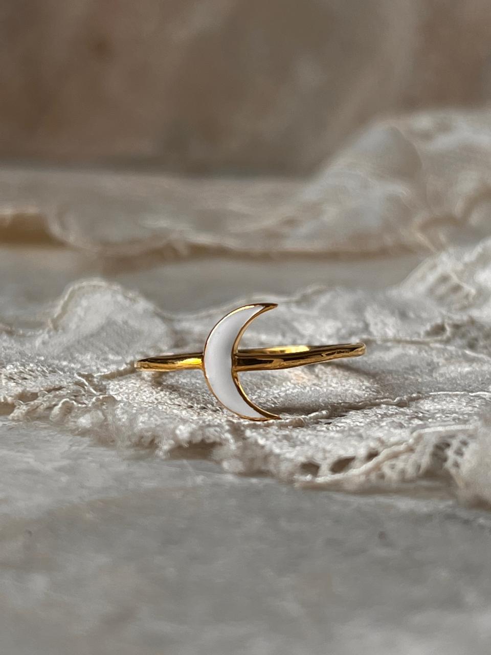 Gold Vermeil White Enamel Crescent Moon 925 Sterling Silver Ring