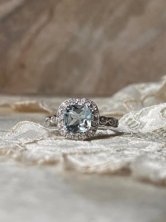 Cushion cut blue topaz with white topaz solitaire 925 sterling silver ring 