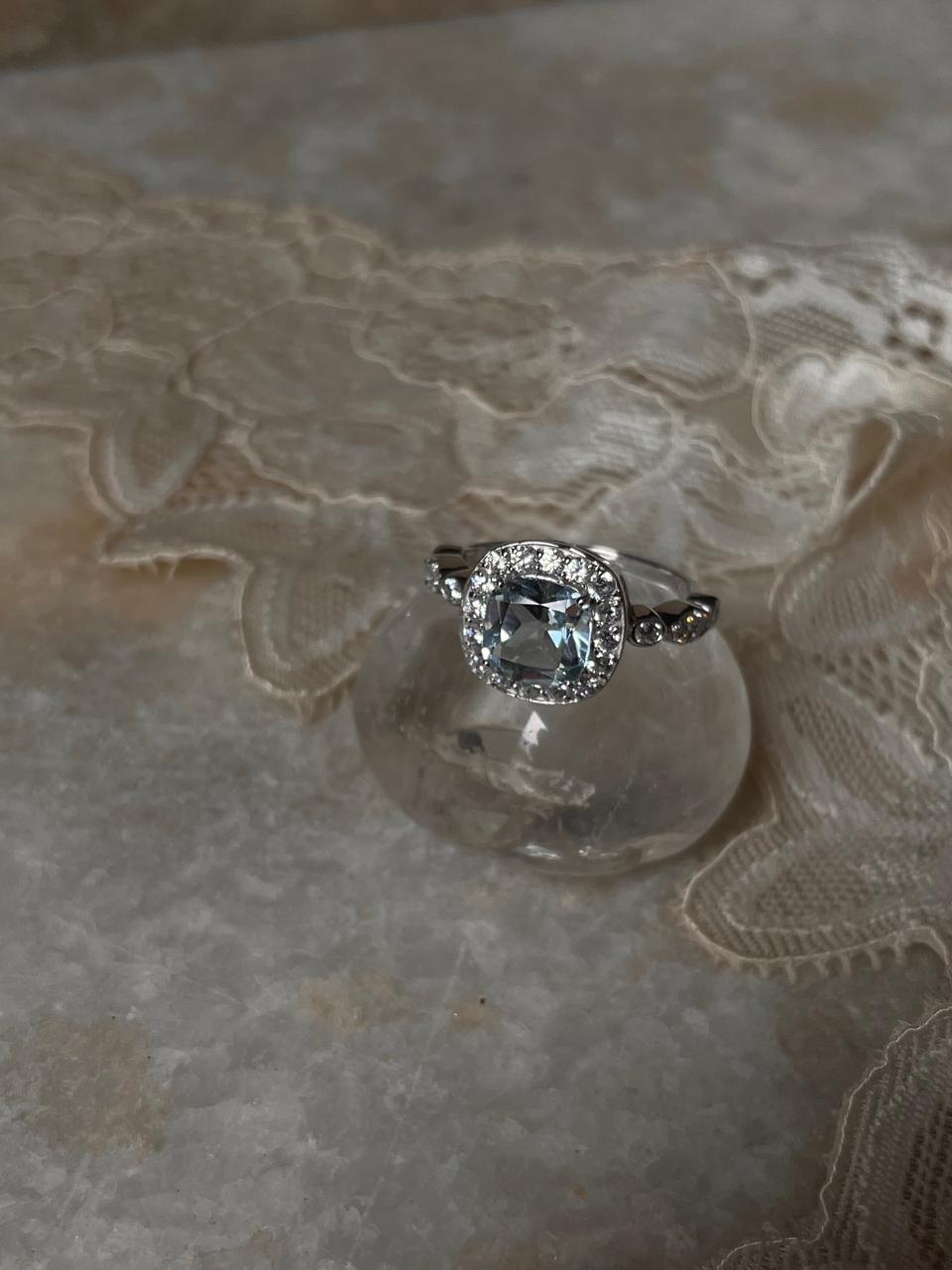 Blue Topaz & White Topaz Cushion Cut Vintage Solitaire 925 Sterling Silver Ring