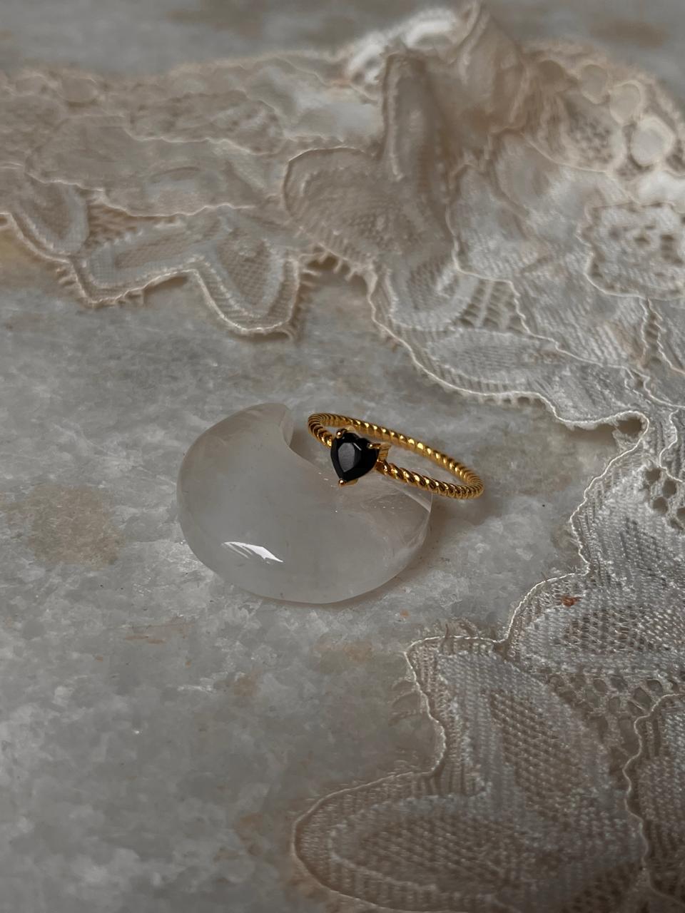 925 Sterling Silver Gold Vermeil Ring with Black Spinel Heart Center