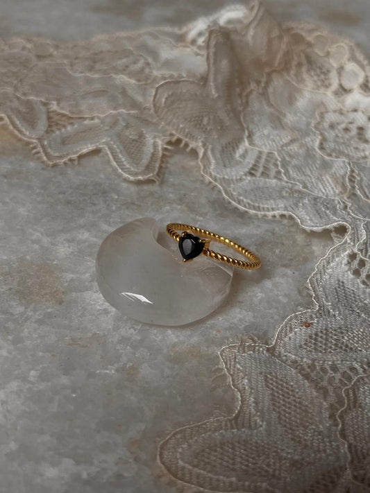 925 Sterling Silver Gold Vermeil Ring with Black Spinel Heart Center