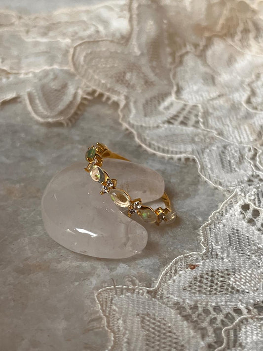 Gold Vermeil Natural Ethiopian Opal & White Topaz Eternity Band 925 Sterling Silver Ring