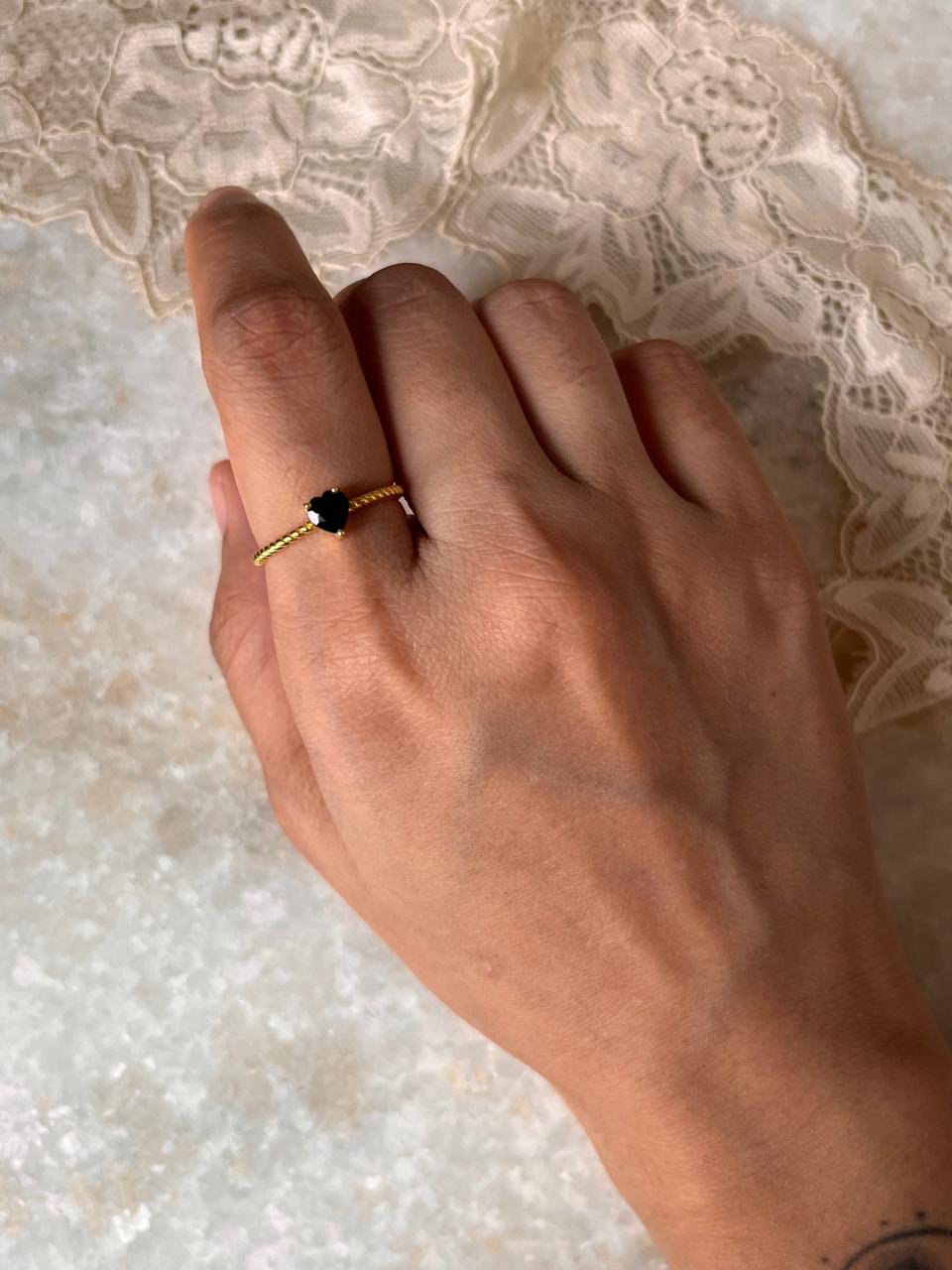 Dainty Black Spinel Heart Solitaire Ring in Gold Vermeil on Silver  