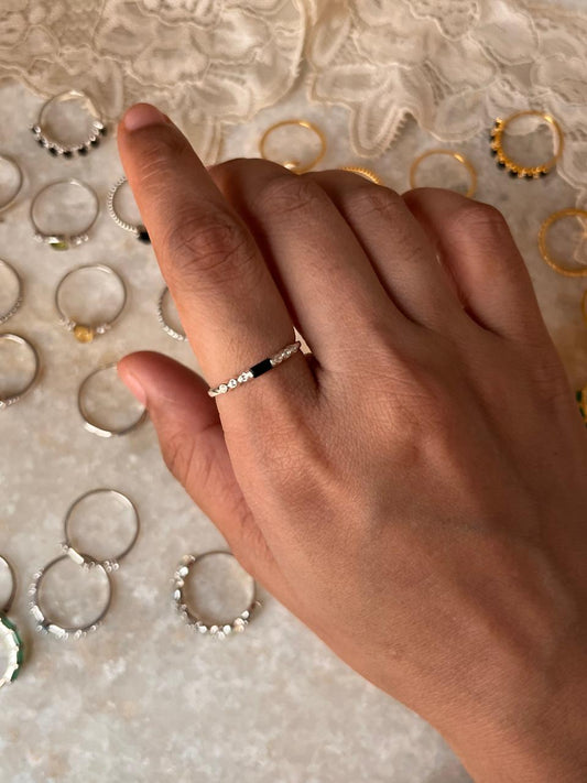 Black Spinel & White Topaz Twilight Stack 925 Sterling Silver Ring