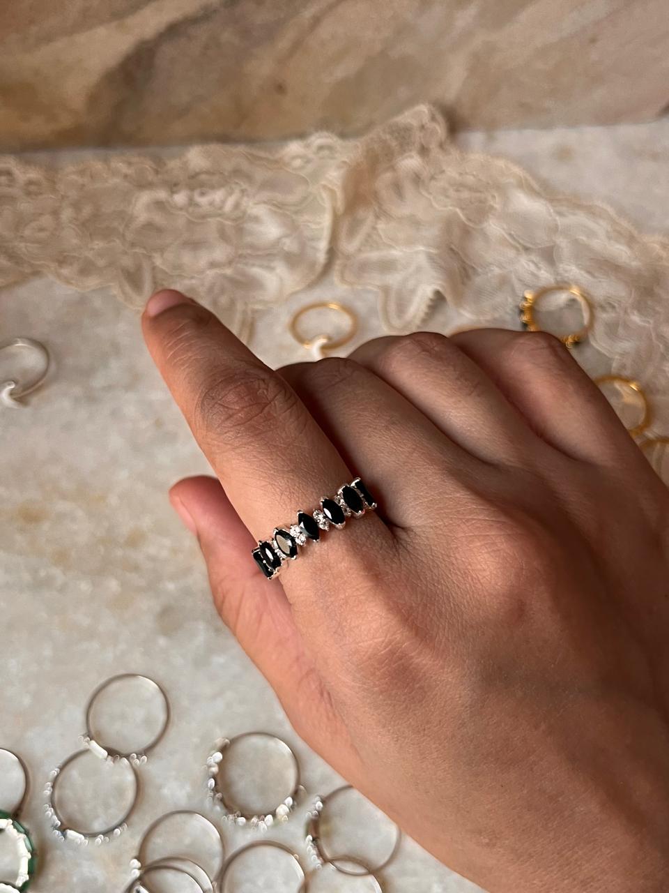 Elysian Stack Black Spinel & White Topaz 925 Sterling Silver Ring