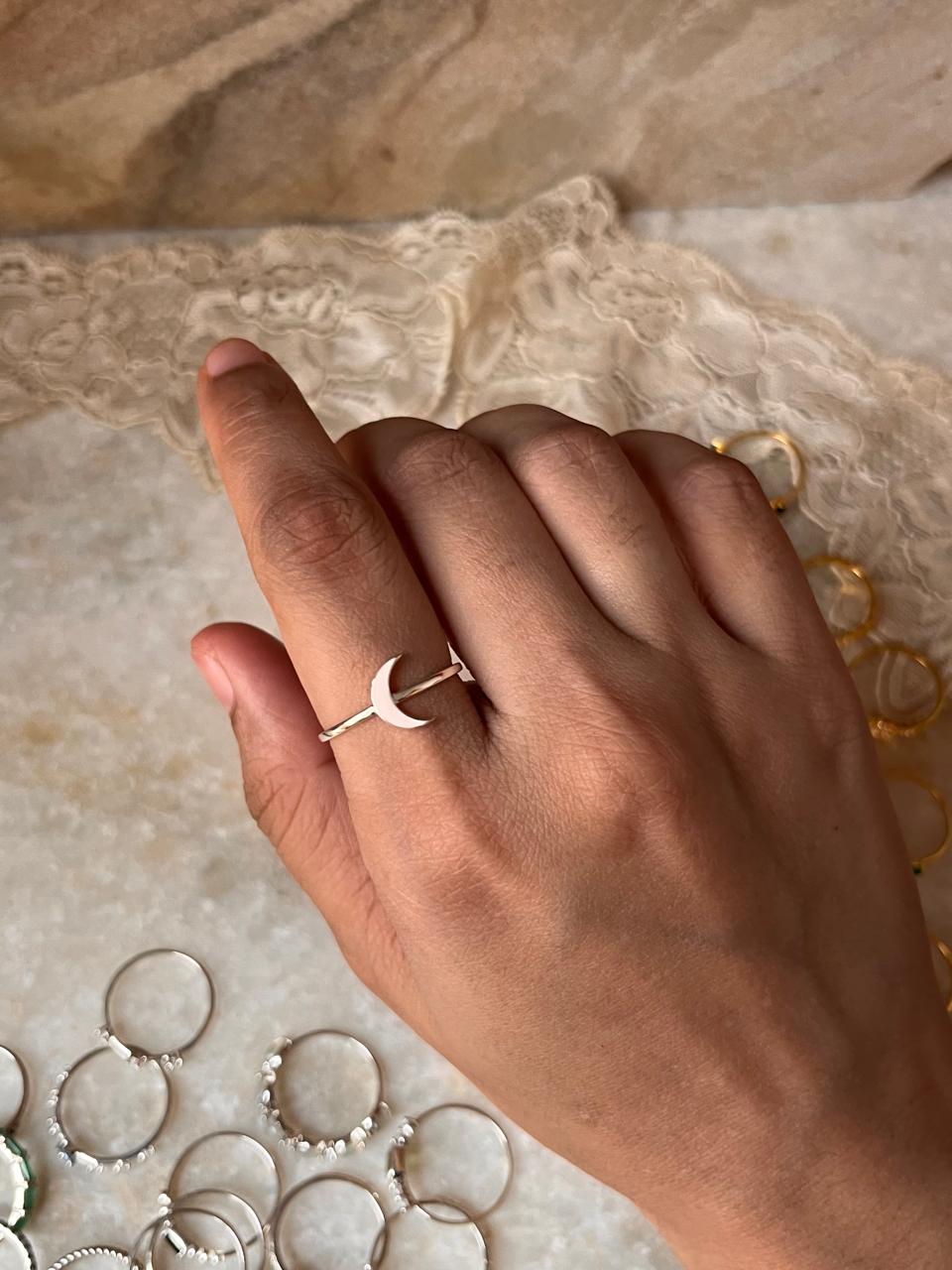 White Enamel Crescent Moon 925 Sterling Silver Ring