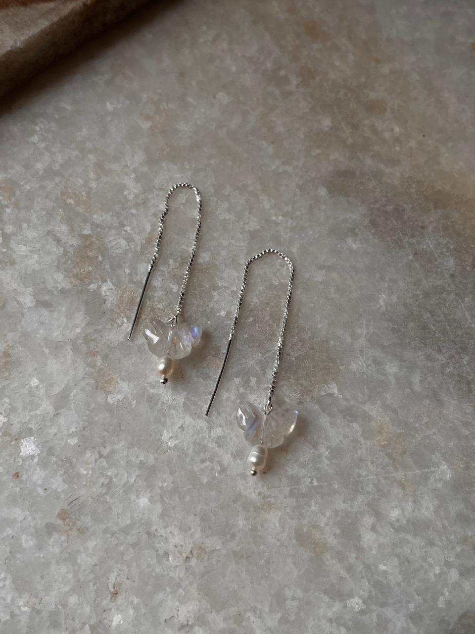 Sterling silver Sui Dhaga earrings with moonstone butterfly and pearls  