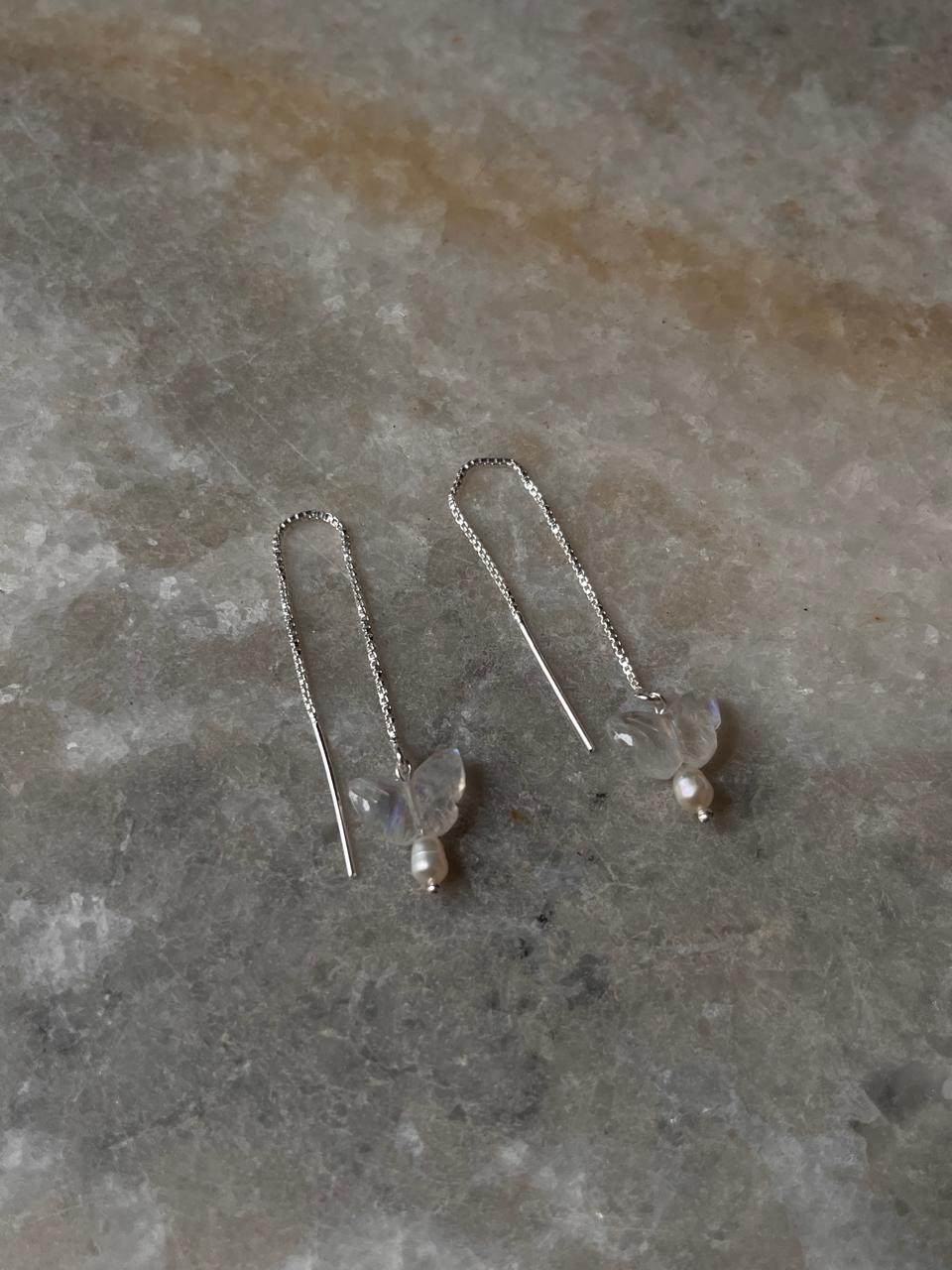 Handcrafted silver threader earrings with moonstone butterfly design  