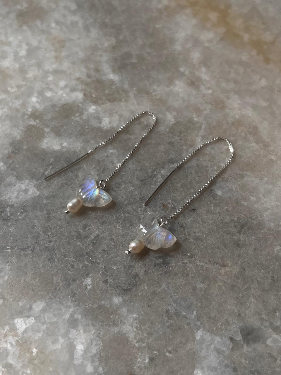 Sterling silver threader earrings featuring moonstone butterfly and pearls