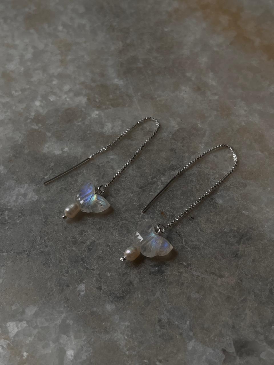 Sterling silver Sui Dhaga earrings with moonstone butterfly and pearls