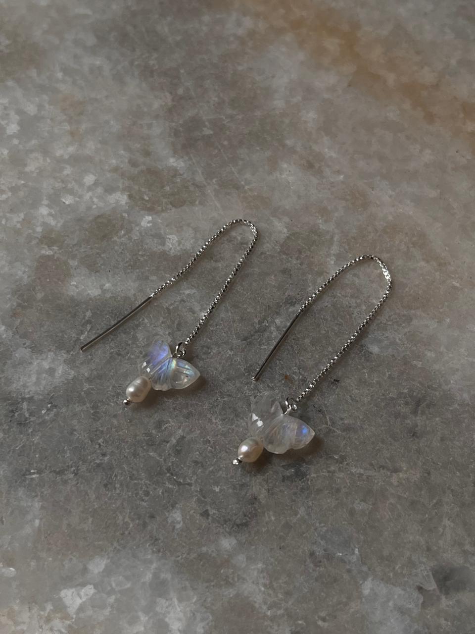Threader earrings with pearls and rainbow moonstone butterfly charm  