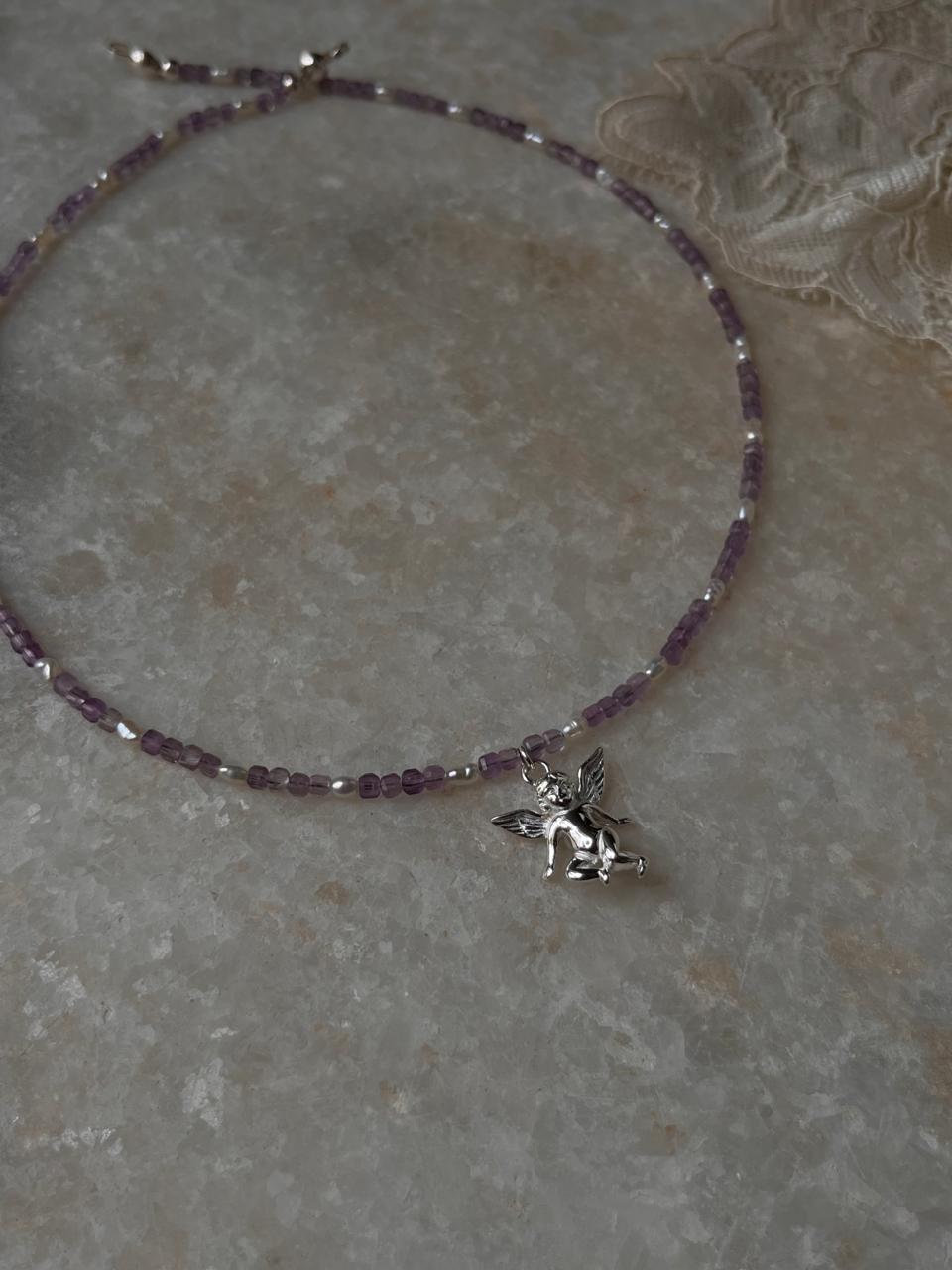 Amethyst & Fresh Water Rice Pearl Natural Crystal With Cherub Angel Charm 925 Sterling Silver Choker Necklace