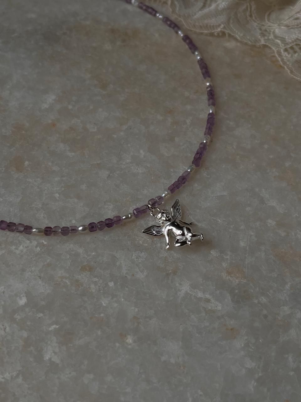 Amethyst & Fresh Water Rice Pearl Natural Crystal With Cherub Angel Charm 925 Sterling Silver Choker Necklace