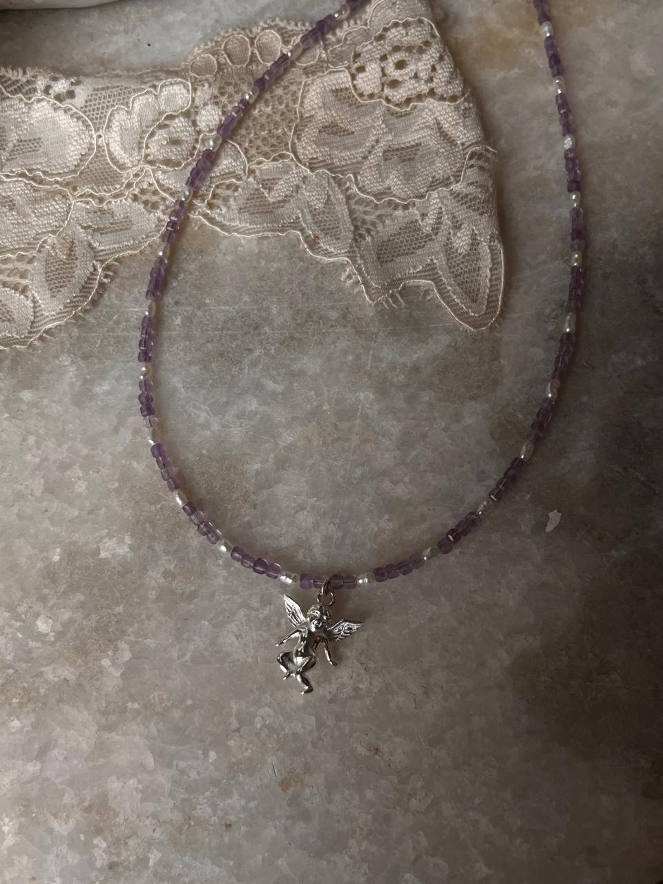 Amethyst & Fresh Water Rice Pearl Natural Crystal With Cherub Angel Charm 925 Sterling Silver Choker Necklace