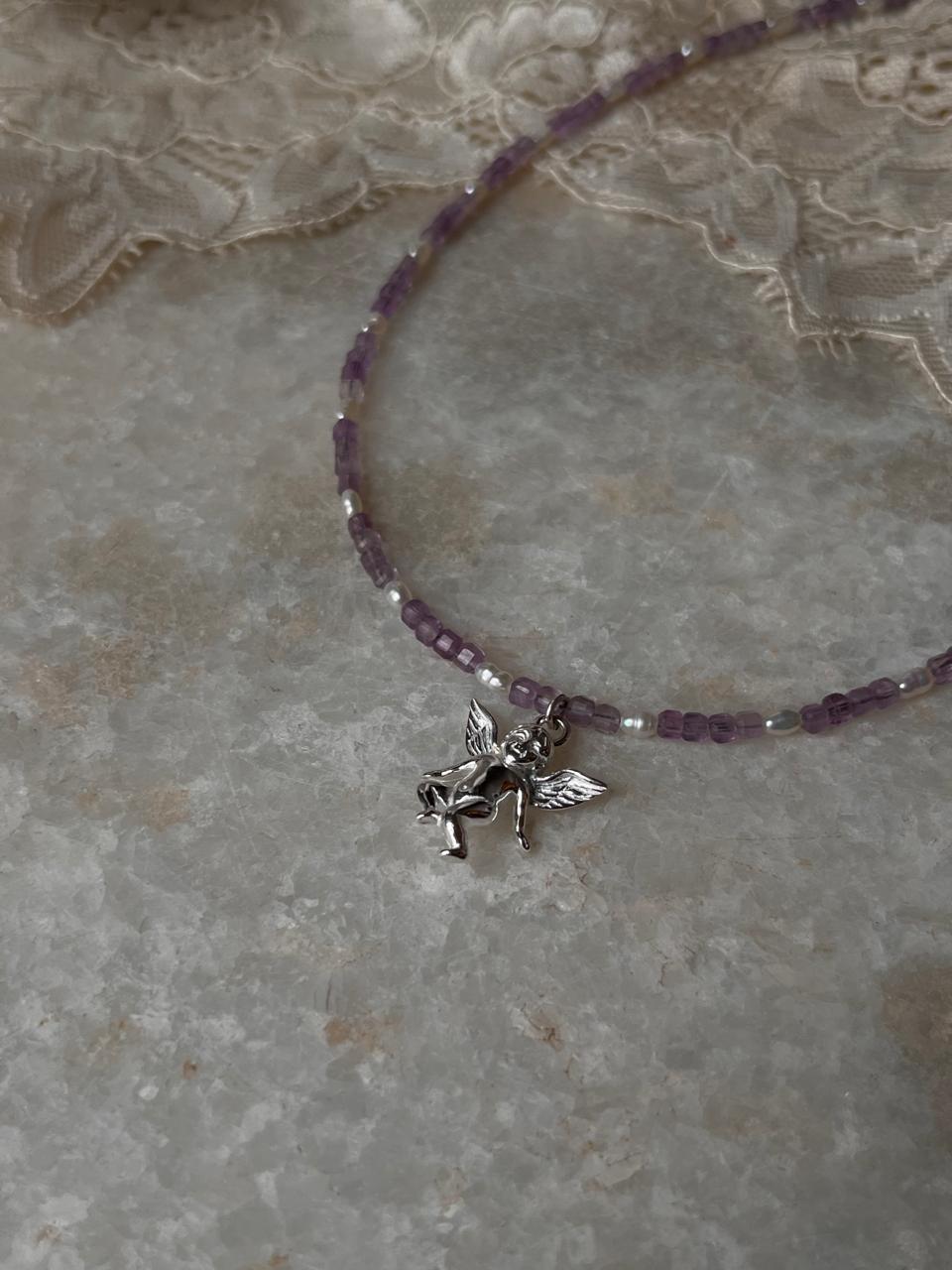 Amethyst & Fresh Water Rice Pearl Natural Crystal With Cherub Angel Charm 925 Sterling Silver Choker Necklace