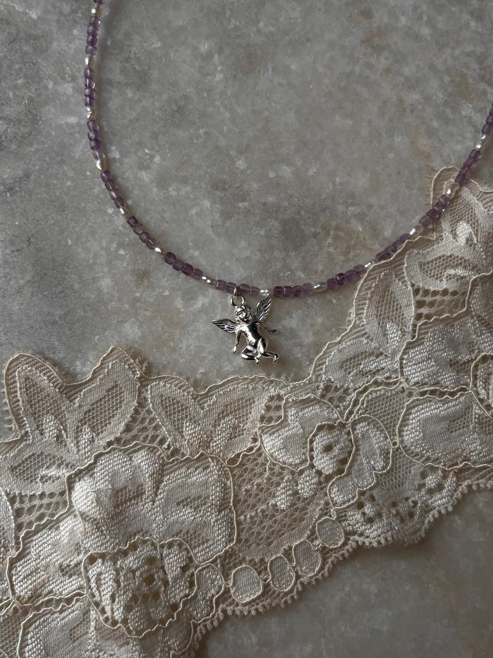 Amethyst & Fresh Water Rice Pearl Natural Crystal With Cherub Angel Charm 925 Sterling Silver Choker Necklace