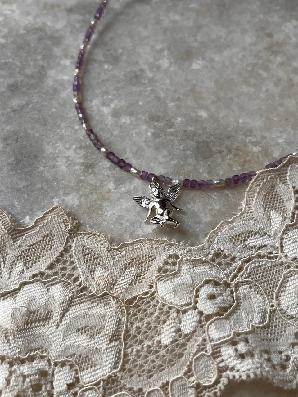 Amethyst & Fresh Water Rice Pearl Natural Crystal With Cherub Angel Charm 925 Sterling Silver Choker Necklace
