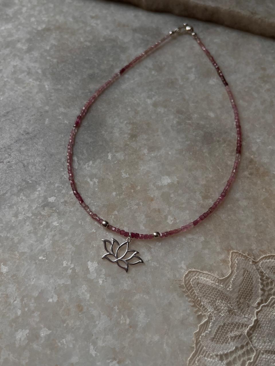 Pink Tourmaline Natural Crystal With Lotus Charm 925 Sterling Silver Choker Necklace