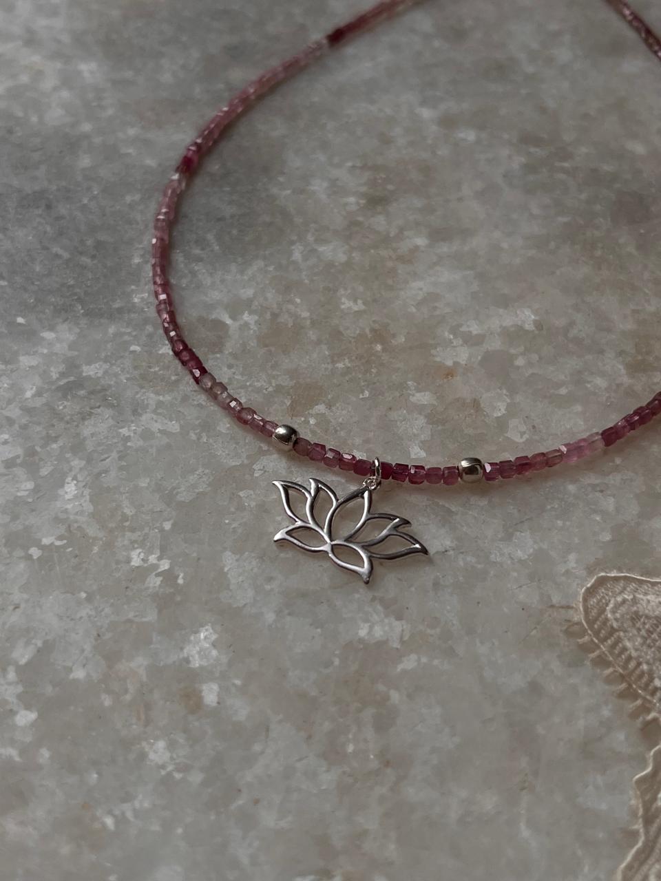 Pink Tourmaline Natural Crystal With Lotus Charm 925 Sterling Silver Choker Necklace