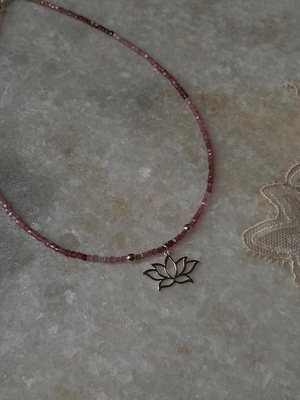 Pink Tourmaline Natural Crystal With Lotus Charm 925 Sterling Silver Choker Necklace