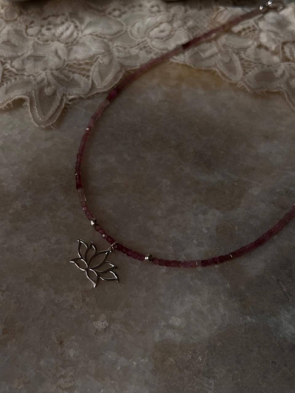 Pink Tourmaline Natural Crystal With Lotus Charm 925 Sterling Silver Choker Necklace
