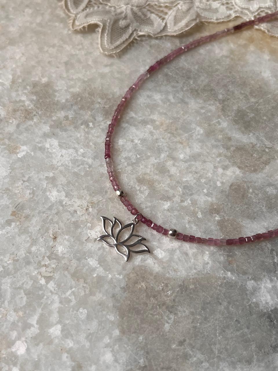 Pink Tourmaline Natural Crystal With Lotus Charm 925 Sterling Silver Choker Necklace