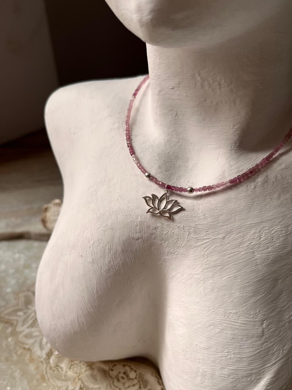 Pink Tourmaline Natural Crystal With Lotus Charm 925 Sterling Silver Choker Necklace