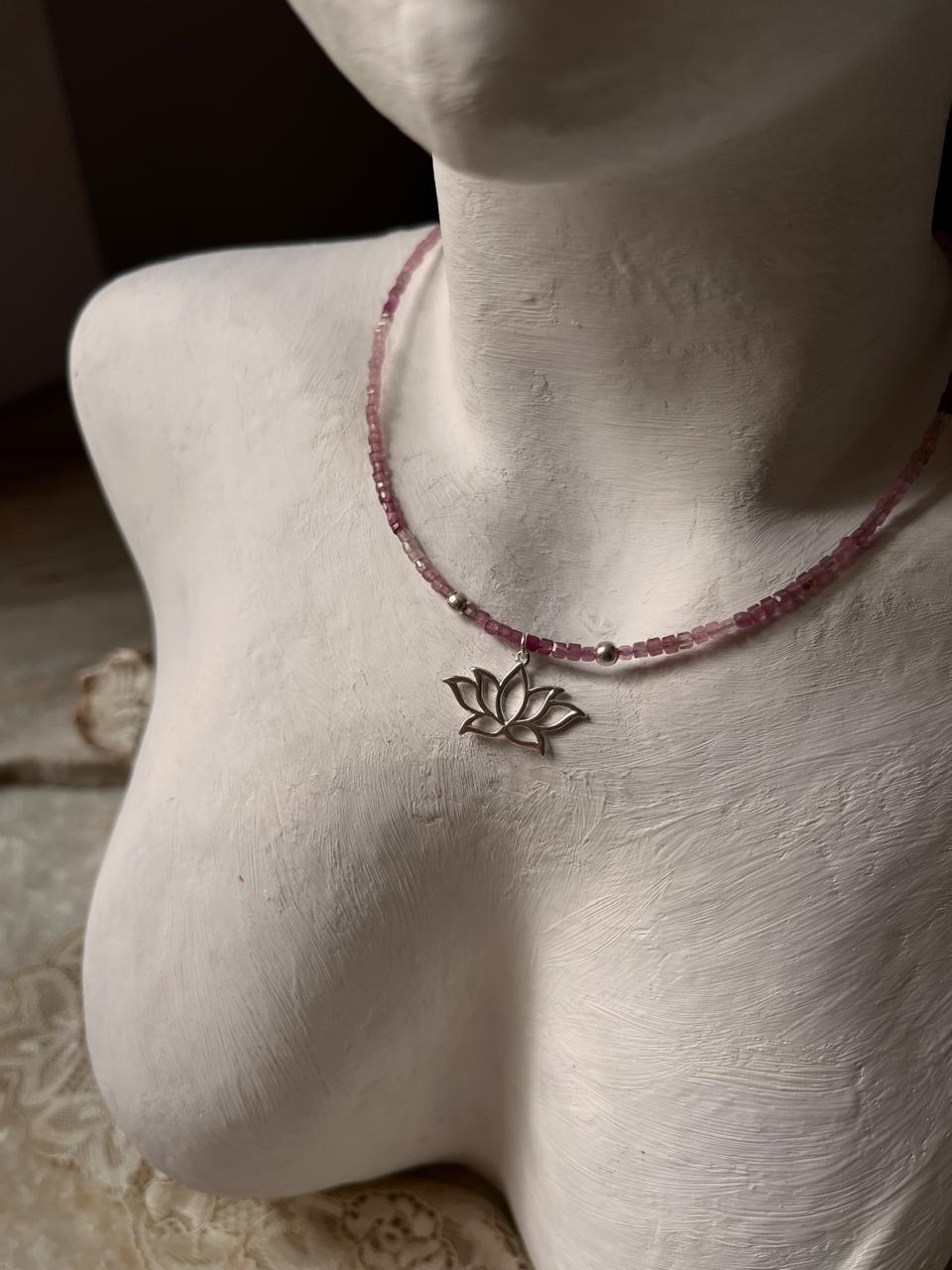 Pink Tourmaline Natural Crystal With Lotus Charm 925 Sterling Silver Choker Necklace